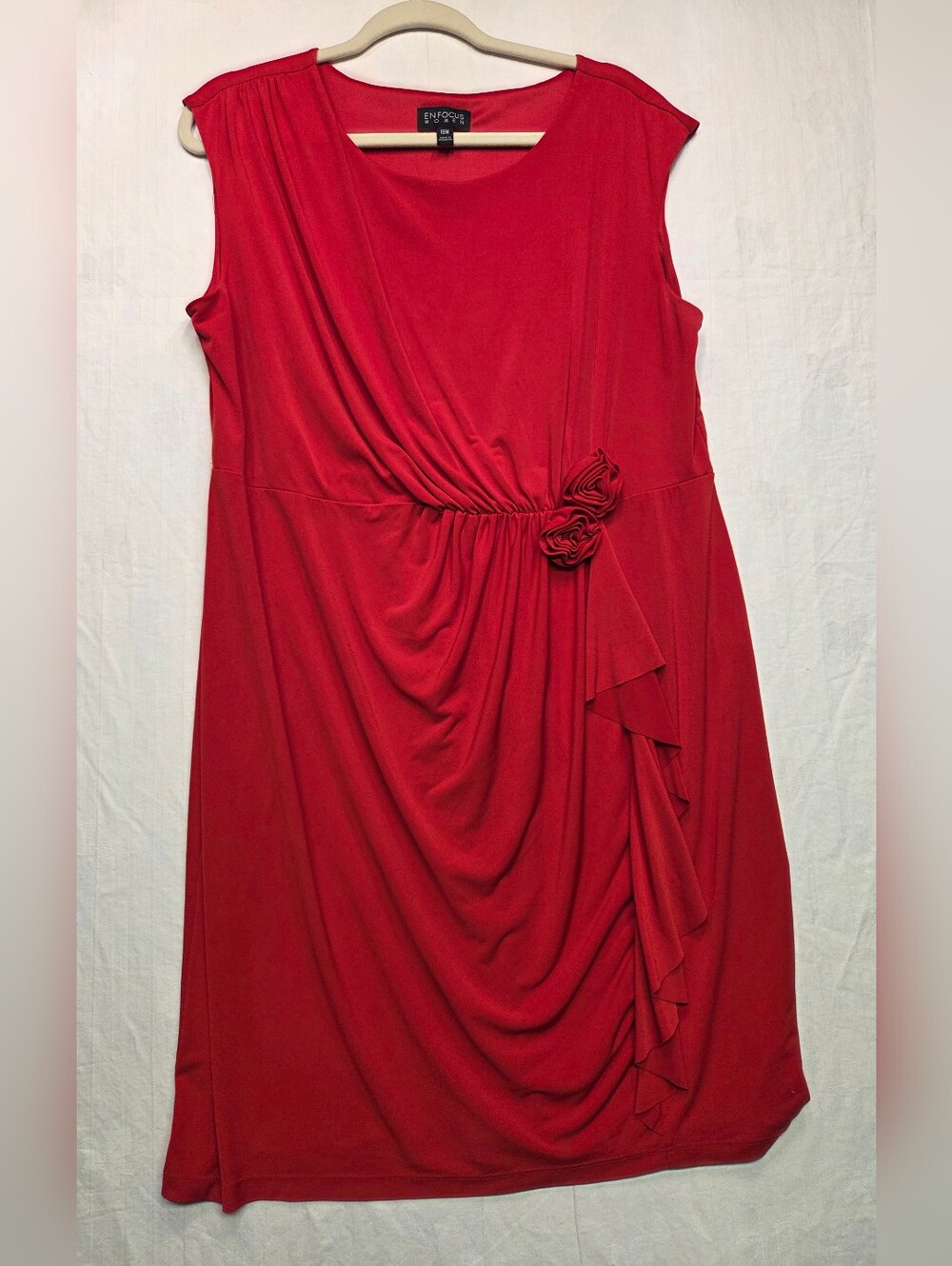 Enfocus Studio Red Sleeveless Draped Midi Dress with Rosette Detail
